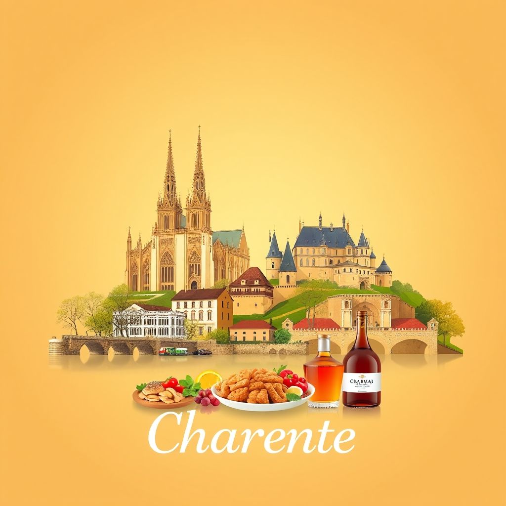 Ultra-high-definition gradient illustration of Charente, Nouvelle-Aquitaine, France, featuring the Angoulême Cathedral, the Château de La Rochefoucauld, Pineau des Charentes, and Cognac.