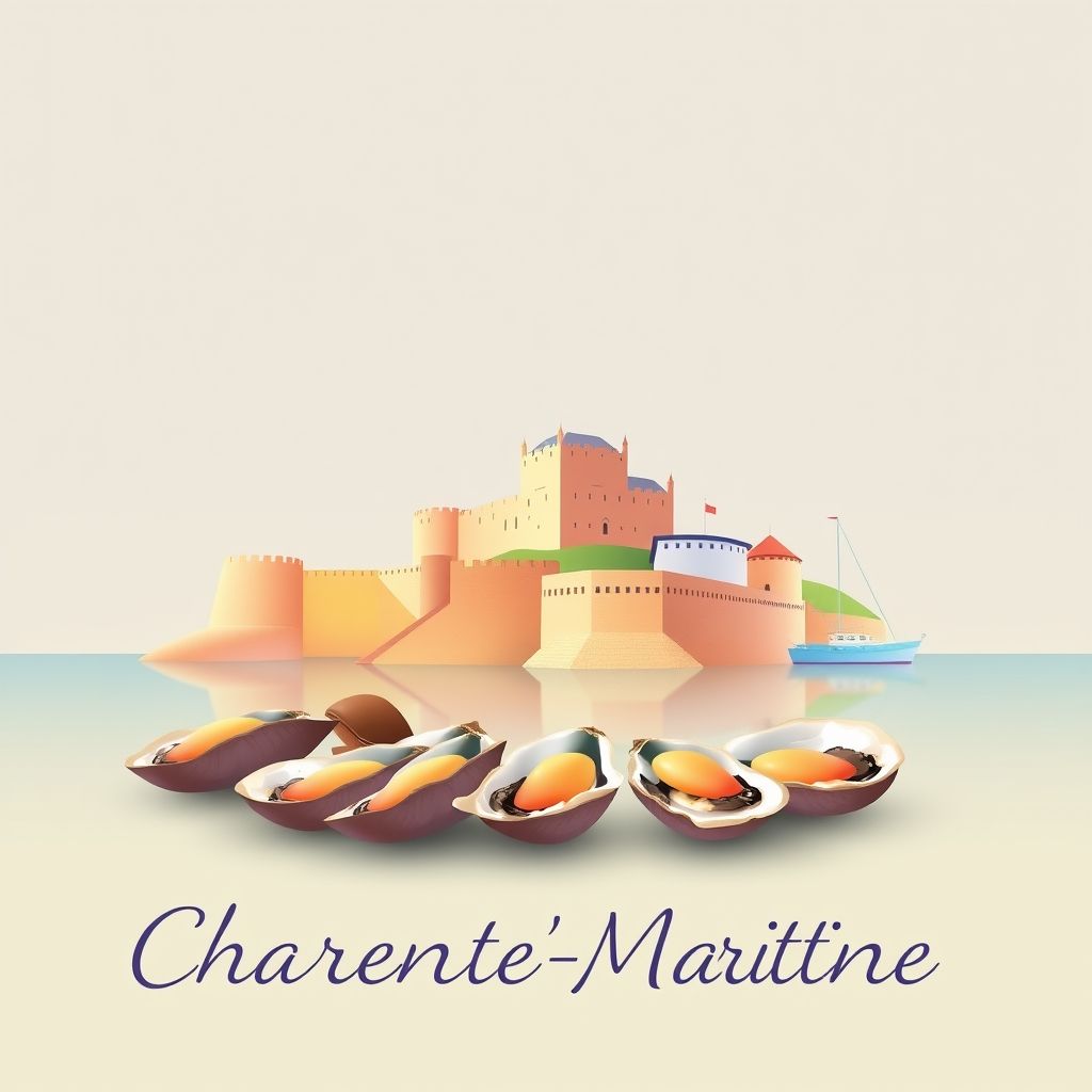 Ultra-high-definition gradient illustration of Charente-Maritime, featuring Fort Boyard, the Citadel of Château-d'Oléron, and oysters from Marennes-Oléron.