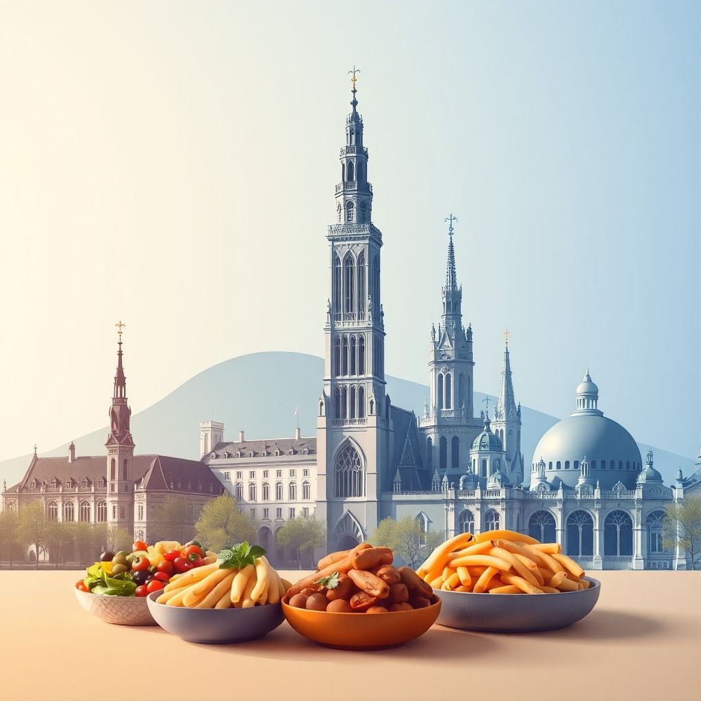 Ultra-high-definition gradient illustration of Departement du Nord, featuring the Bell Tower of Lille, the Palace of Fine Arts, and local cuisine 'Carbonade Flamande'.