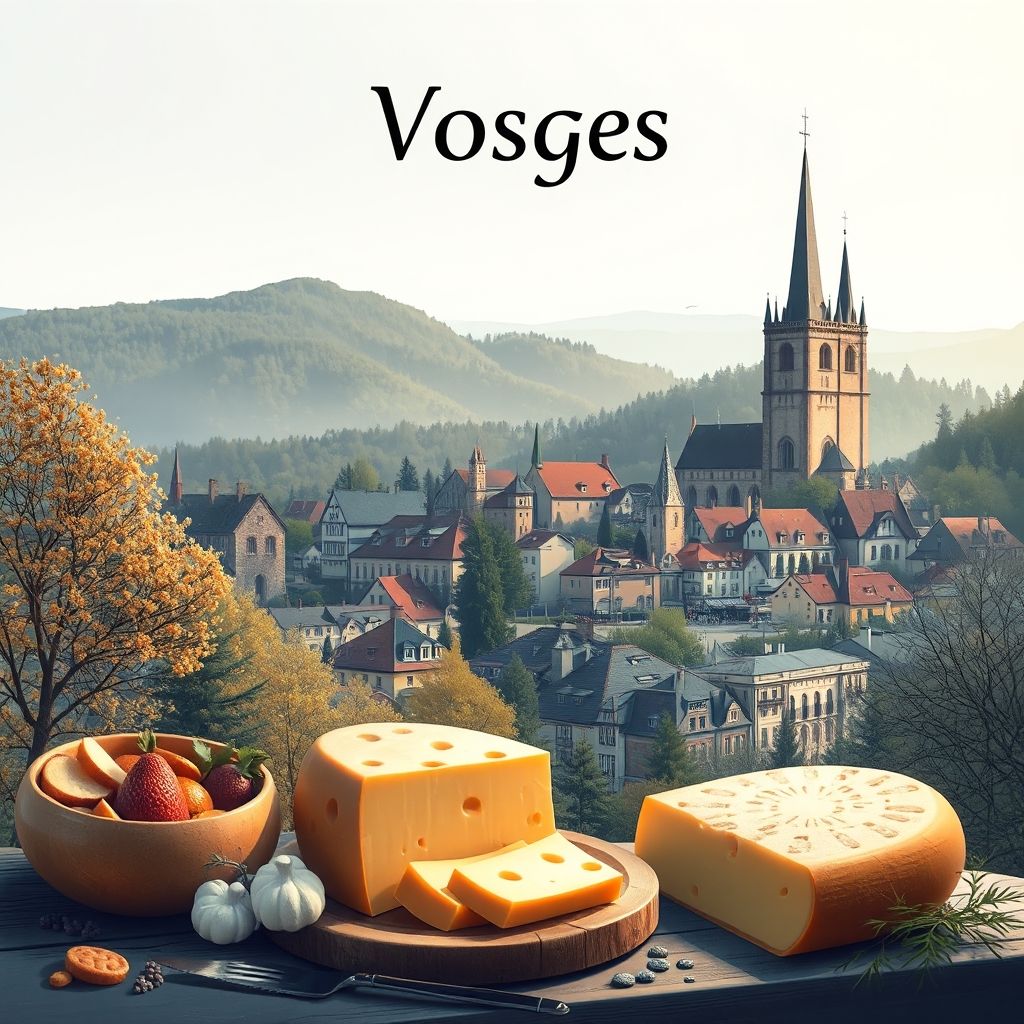 Ultra-high-definition gradient illustration of Vosges, Grand Est, France, highlighting the Ballons des Vosges Natural Regional Park, Gérardmer, Munster cheese, and Baeckeoffe.