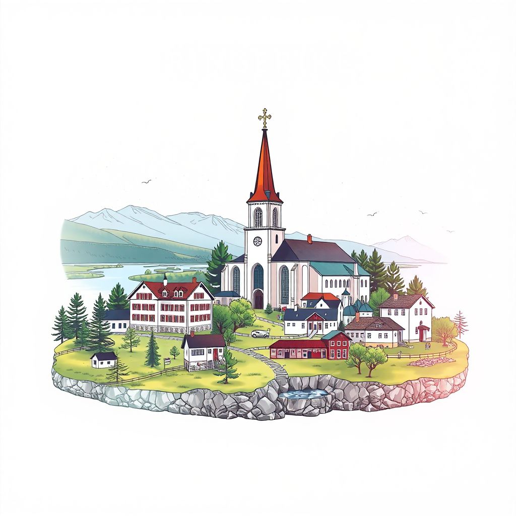 Ultra-high-definition gradient illustration style Ringerike illustration, showing the unique charm of the Hallingdal Museum, the Ringerike Church, and the beautiful landscapes.