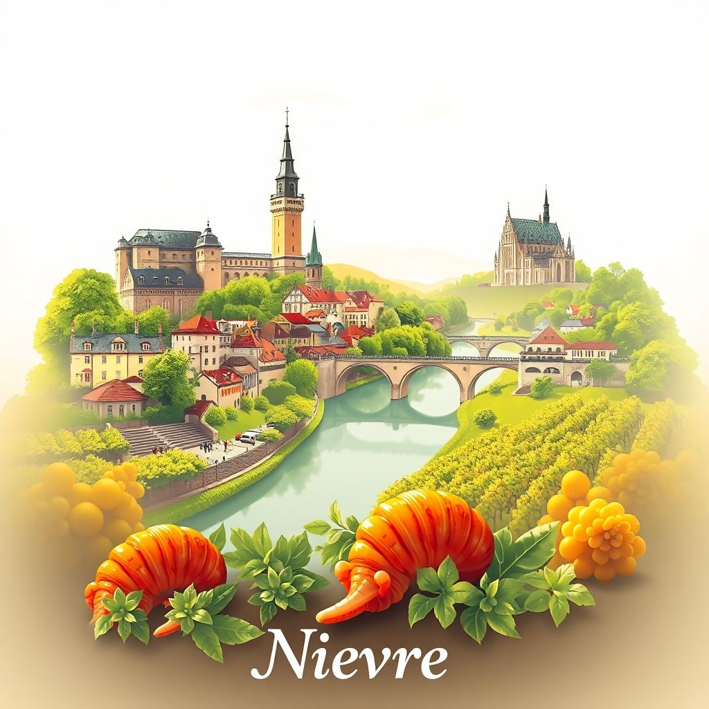 Ultra-high-definition gradient illustration of Nievre, Bourgogne-Franche-Comte, France, featuring Château de Bazoches, Basilica of Vézelay, canals, vineyards, and Escargot de Bourgogne.