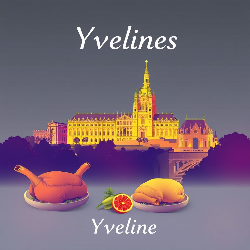 Ultra-high-definition gradient illustration of Yvelines, featuring the Palace of Versailles, Saint-Quentin-en-Yvelines Cathedral, and Montfort lamb.