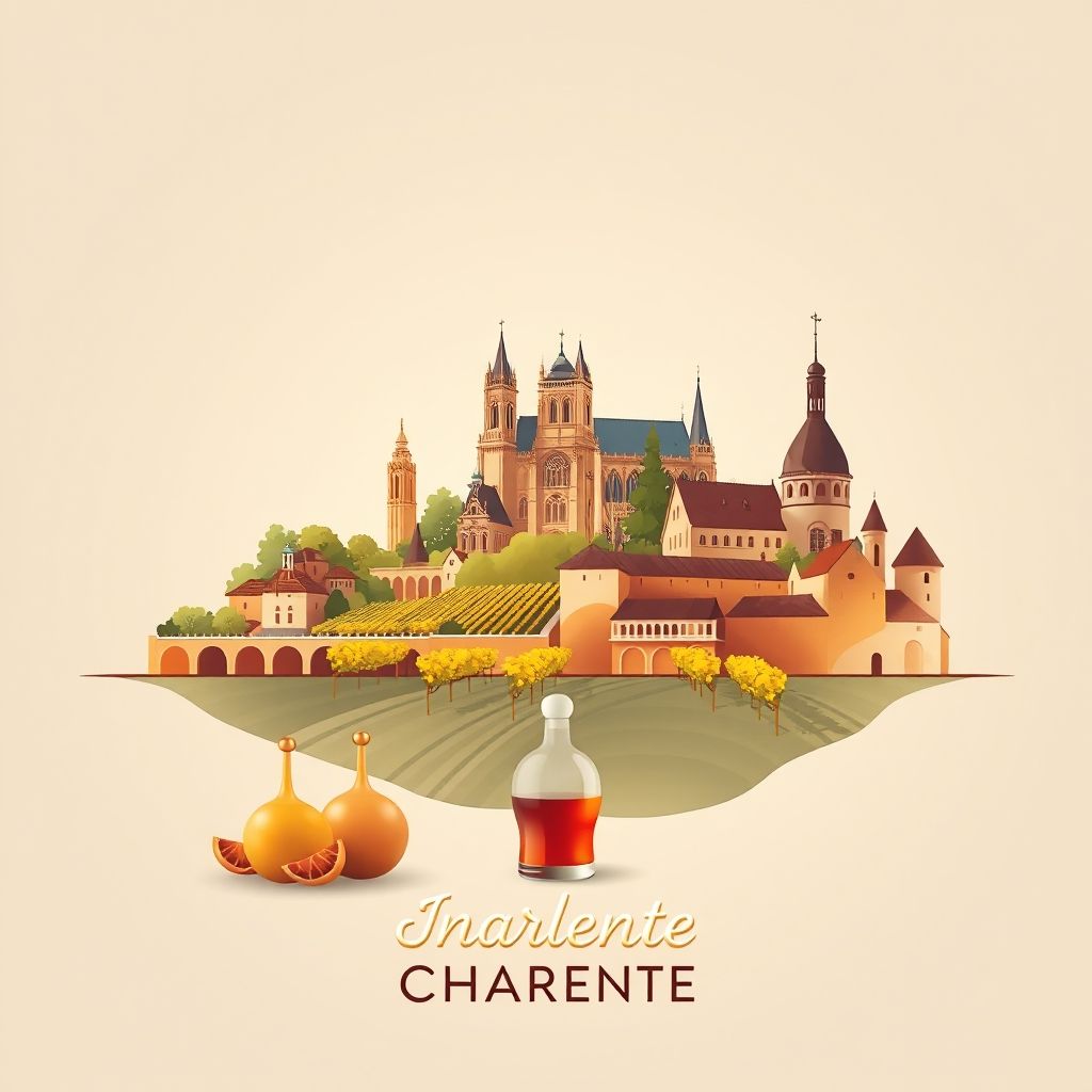 Ultra-high-definition gradient illustration of Charente, Nouvelle-Aquitaine, France, featuring Angoulême Cathedral, Cognac vineyards, and Pineau des Charentes.