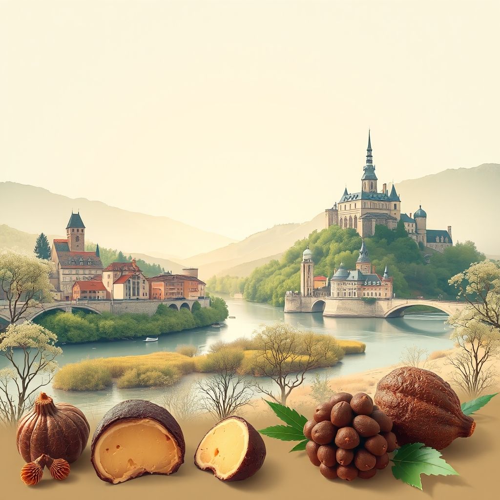 Ultra-high-definition gradient illustration of Lot, Occitanie, France, featuring Puy l'Évêque, the Lot River, foie gras, and truffles.