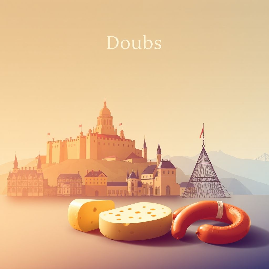 Ultra-high-definition gradient illustration of Doubs, featuring the Citadel of Besançon, Royal Saltworks at Arc-et-Senans, Mont d'Or cheese, and Morteau sausage.
