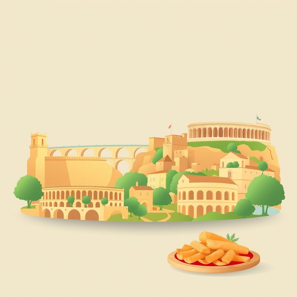 Ultra-high-definition gradient illustration of Gard, Occitanie, France, featuring the Pont du Gard, the Arena of Nîmes, and local specialties like brandade de morue and fougasse.