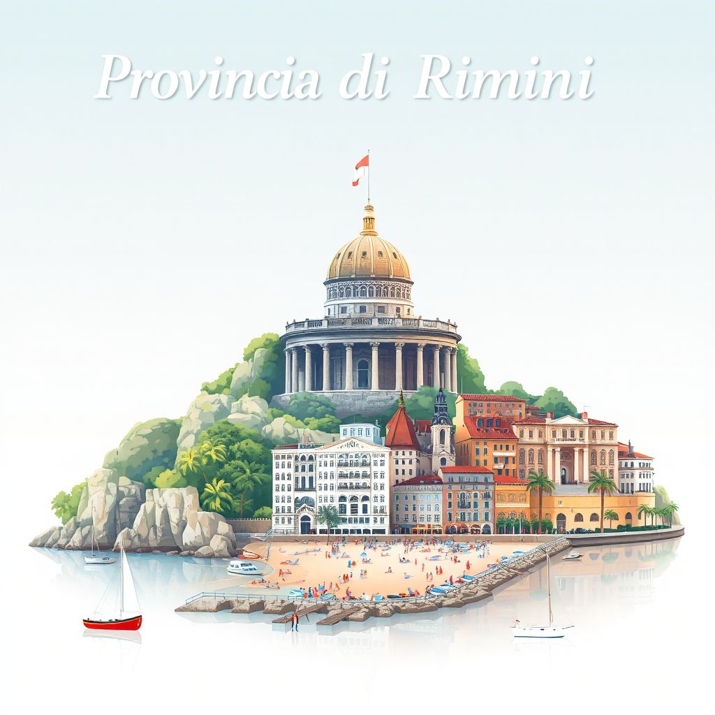 Ultra-high-definition gradient illustration style Provincia di Rimini illustration, showing the unique charm of the Tempio Malatestiano, the historic center of Rimini, and the beautiful beaches.