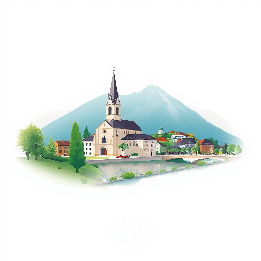 Ultra-high-definition gradient illustration style Leuk District illustration, showing the unique charm of St. Stephan's Church, the Rhone River, and the nearby vineyards.