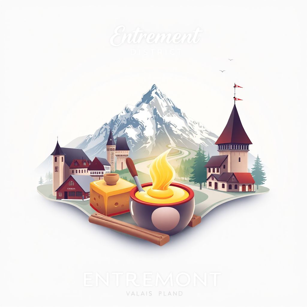 Ultra-high-definition gradient illustration of Entremont District, featuring the Grand Saint-Bernard Pass and cheese fondue.