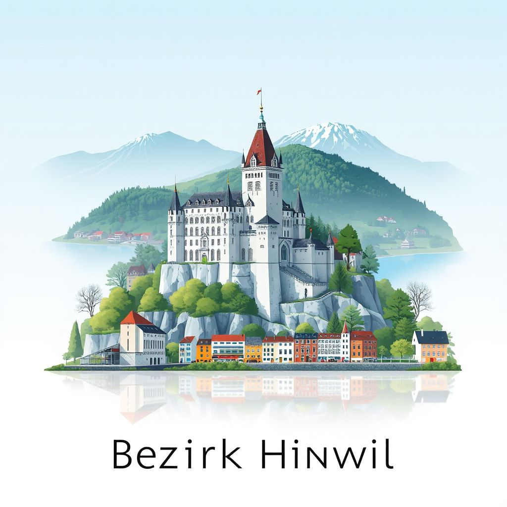 Ultra-high-definition gradient illustration style Bezirk Hinwil illustration, showing the unique charm of the Hinwil Castle and Zurich Lake.