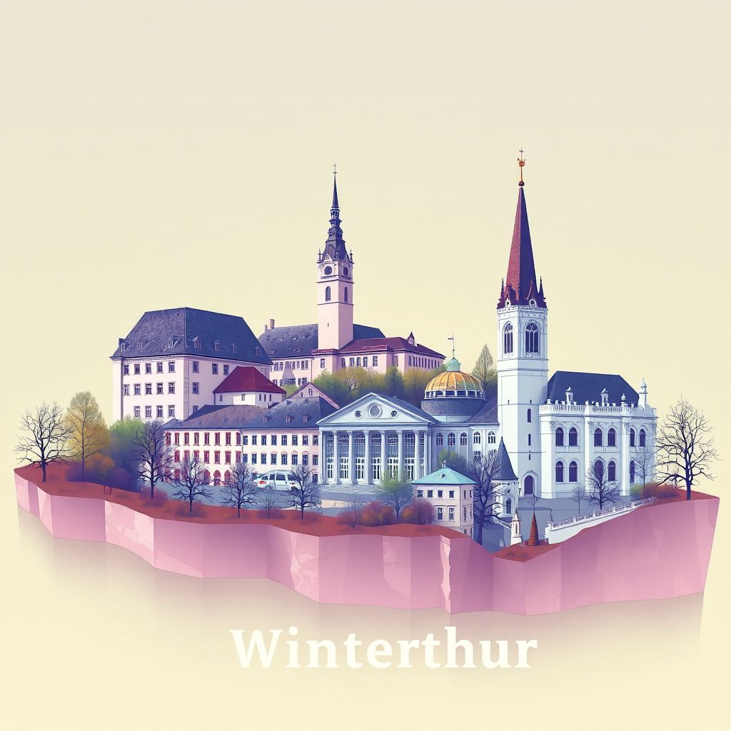 Ultra-high-definition gradient illustration style Bezirk Winterthur illustration, showing the unique charm of the Kyburg Castle, the Winterthur Museum, the Winterthur Town Hall.