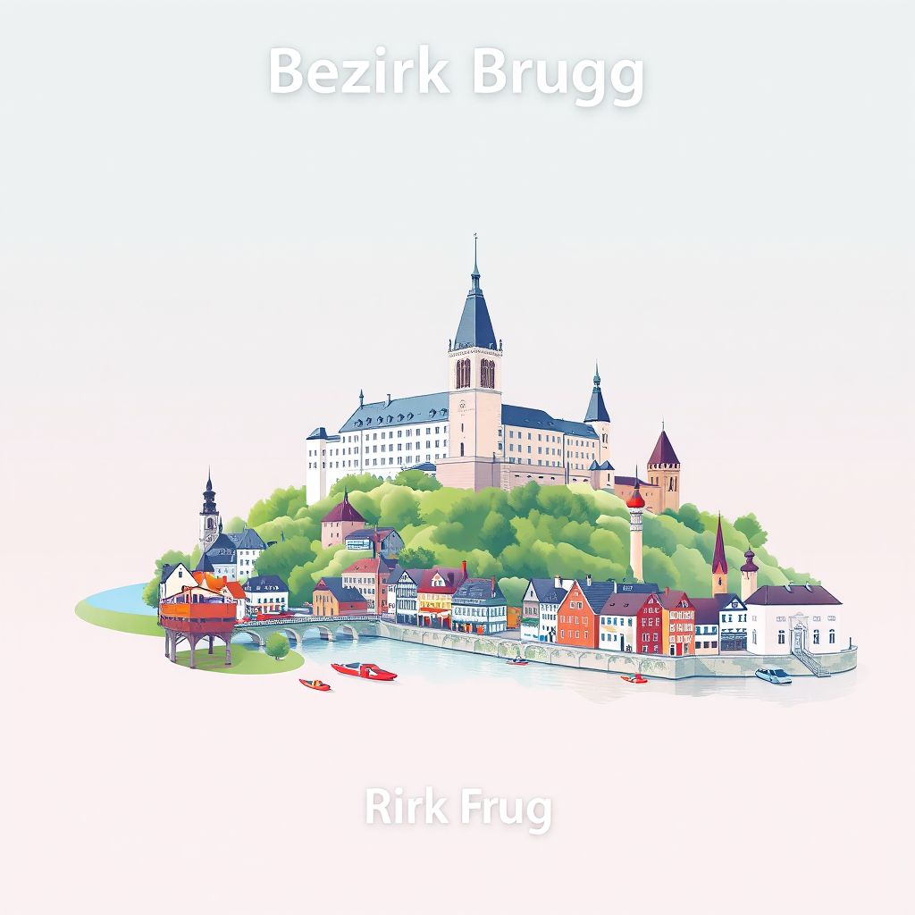 Ultra-high-definition gradient illustration style Bezirk Brugg illustration, showing the unique charm of the Brugg Castle, the Rhine River, and the historic old town.