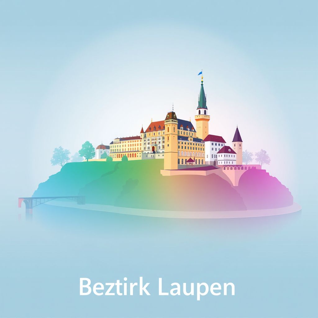Ultra-high-definition gradient illustration style Bezirk Laufen illustration, showing the unique charm of the Laufen Castle and the Rhine River.