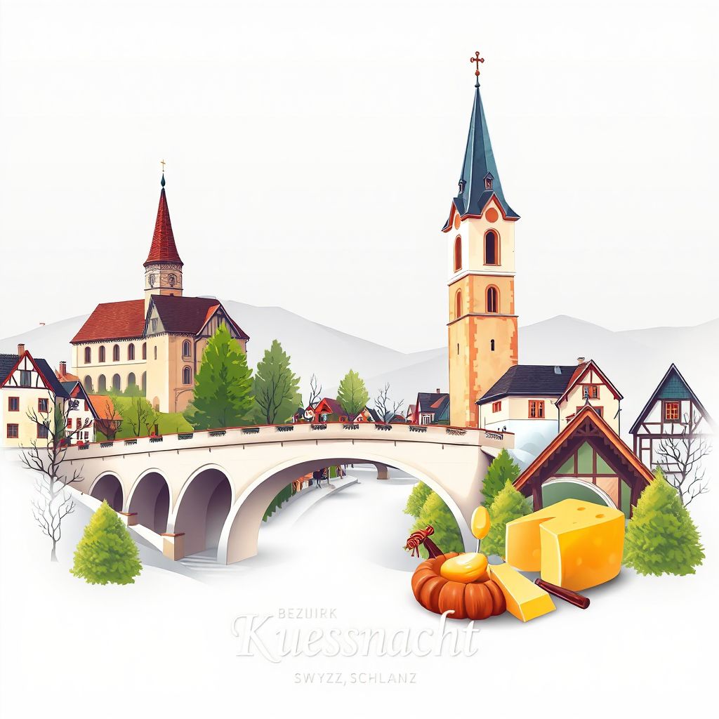 Ultra-high-definition gradient illustration style image of Bezirk Kuessnacht, featuring the Chapel Bridge, the Chapel Tower, and cheese fondue.