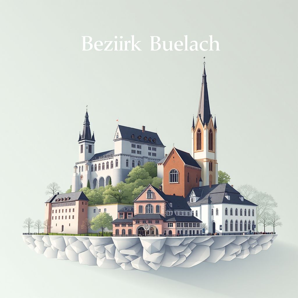 Ultra-high-definition gradient illustration style Bezirk Buelach illustration, showing the unique charm of the Buelach Castle, the Buelach Church, and the Buelach Museum.