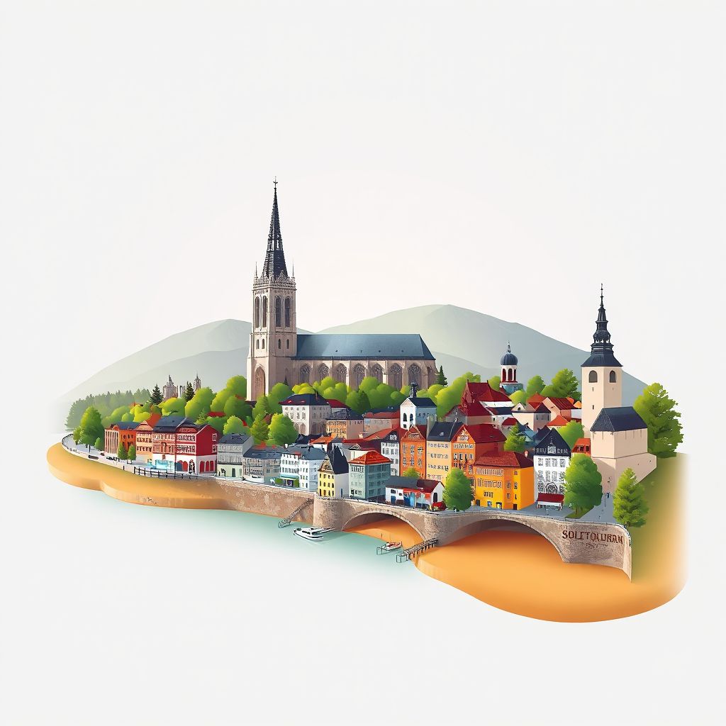 Ultra-high-definition gradient illustration style Bezirk Goesgen illustration, showing the unique charm of the Solothurn Cathedral and the historic old town of Solothurn.