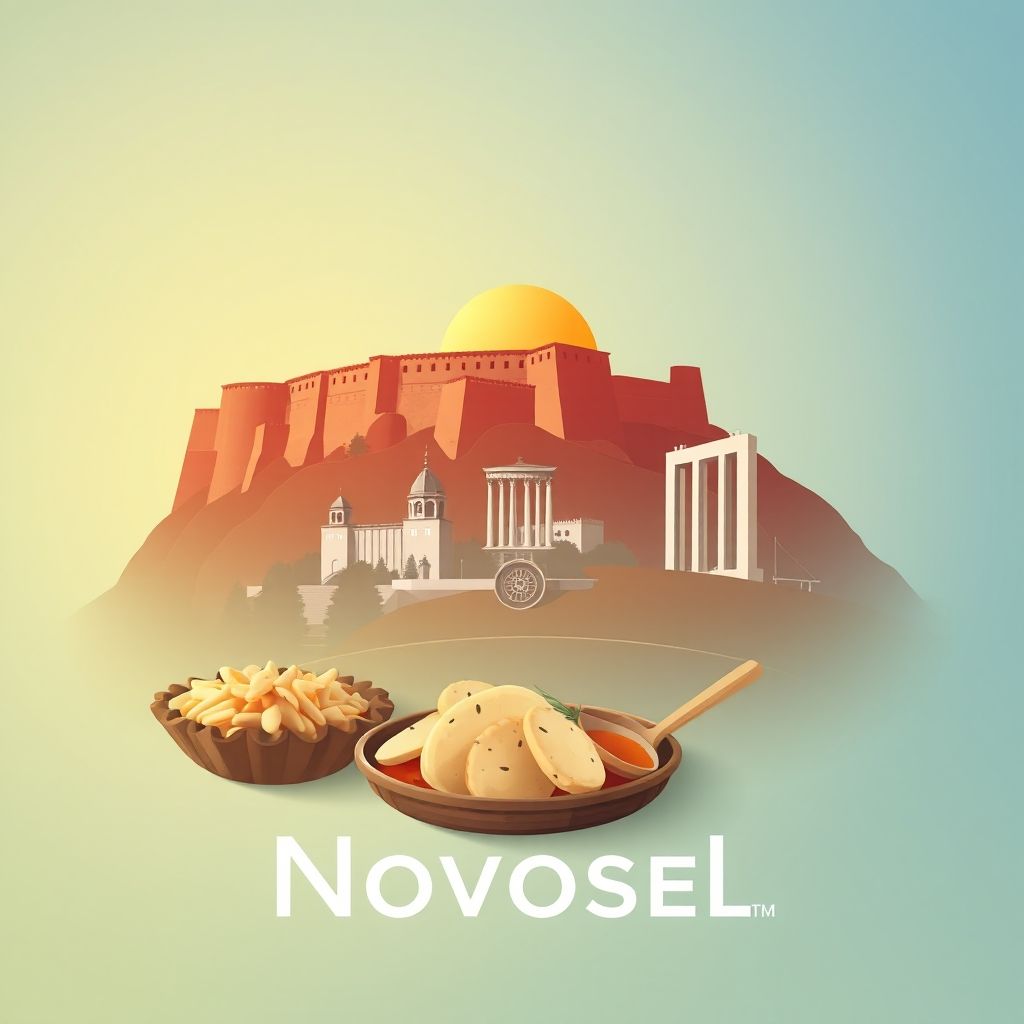 High-definition gradient illustration of Novosel, Bulgaria, featuring the Shumen Fortress, the Monument to 1300 Years of Bulgaria, and traditional food like Banitsa.