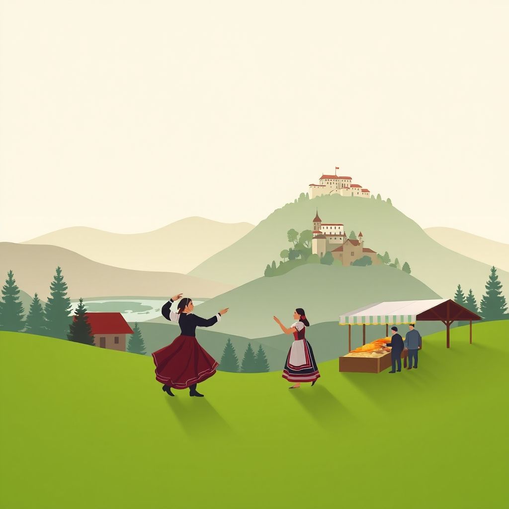 Gradient illustration of Ravninata, Bulgaria, featuring Smolyan Lakes, a medieval fortress, Horo dance, and Patatnik dish.