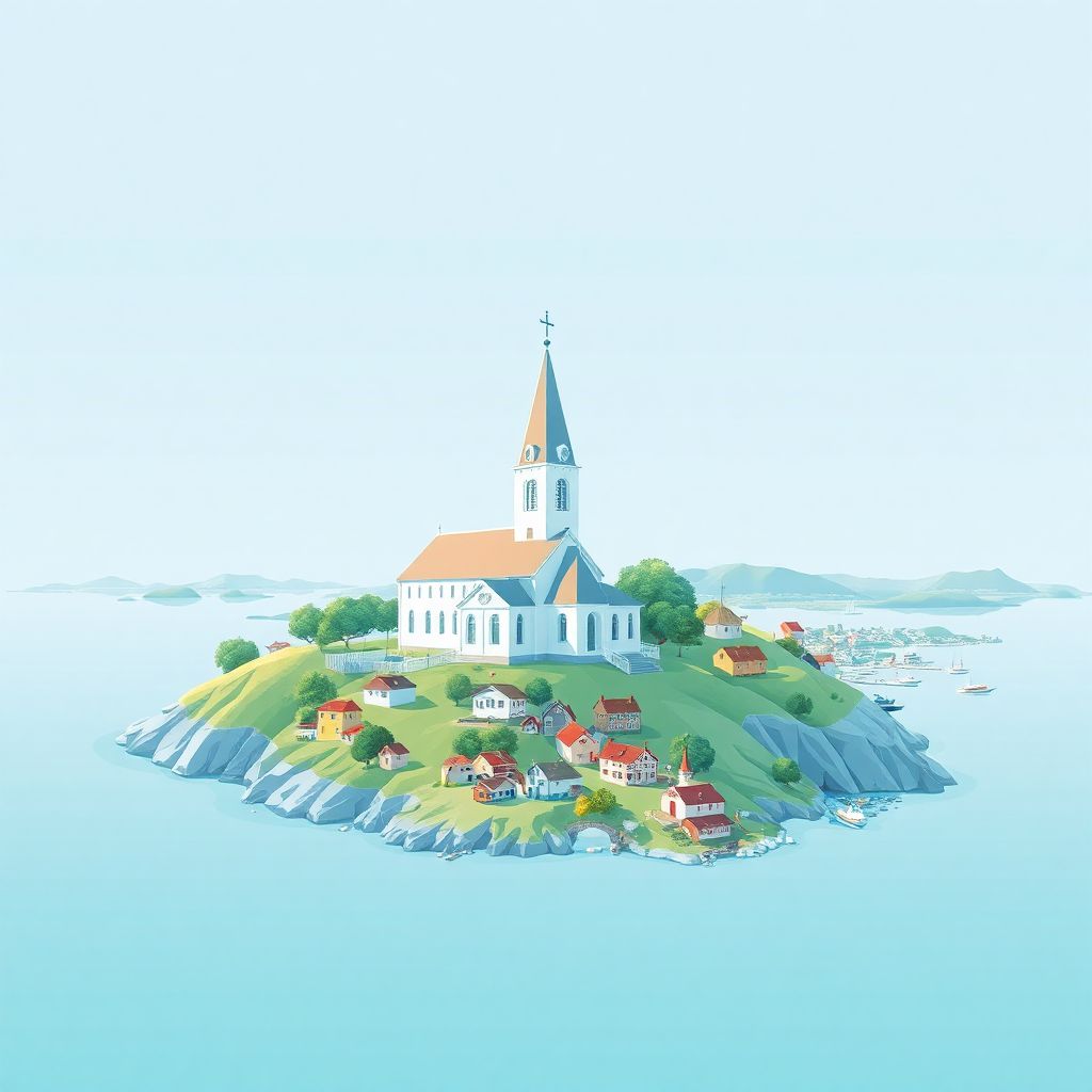 Ultra-high-definition gradient illustration of Lumparland, Alands landsbygd, Aland Islands, featuring the Lumparland Church and scenic coastal views.