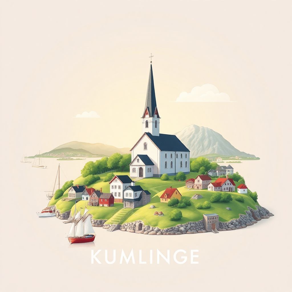 Ultra-high-definition gradient illustration style Kumlinge illustration, featuring the Kumlinge Church and the picturesque landscapes of the archipelago.