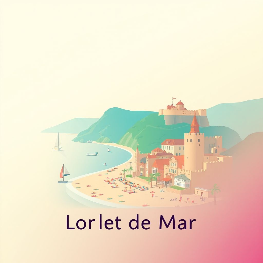 Gradient illustration of Lloret de Mar featuring Lloret de Mar Beach, Sant Joan Castle, and a hint of paella.