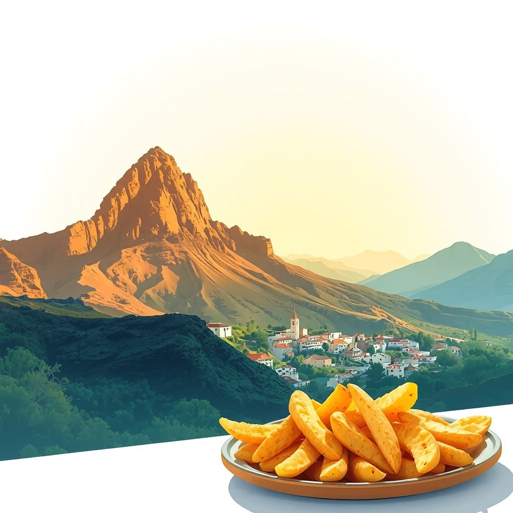 Ultra-high-definition gradient illustration of Frontera, showcasing Roque de Bentayga, mountain landscapes, Guanche heritage, and local specialties like papas arrugadas.