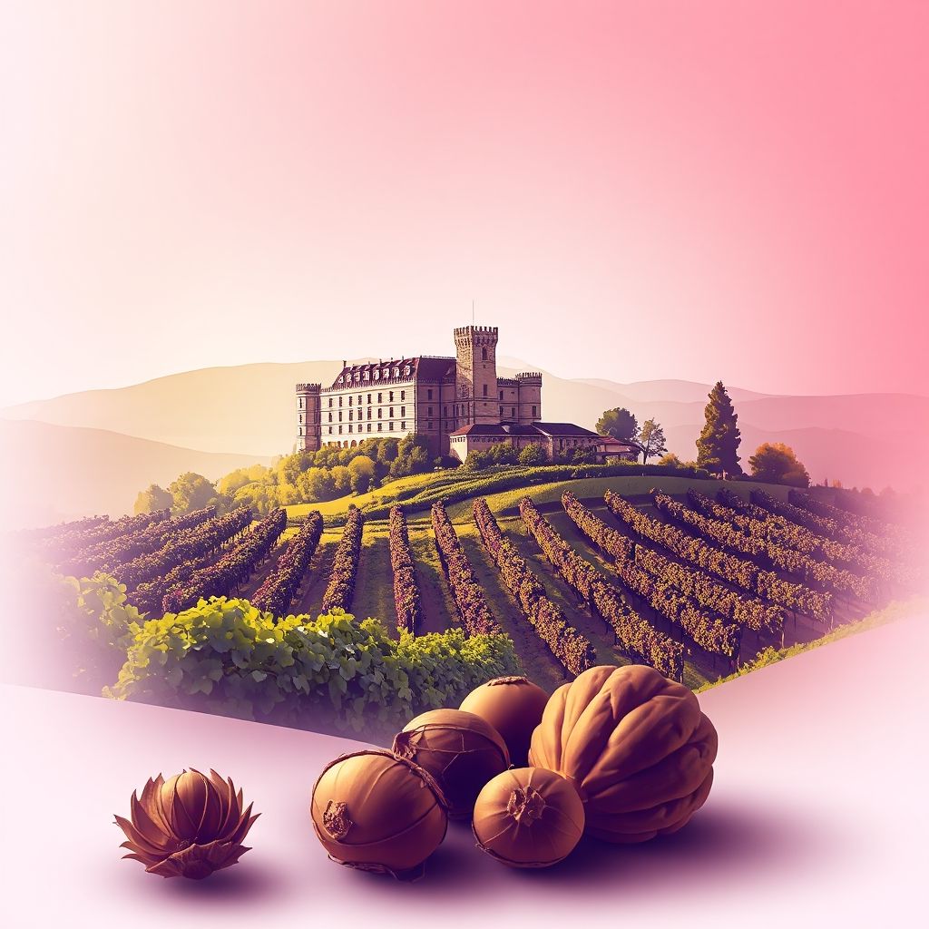 Ultra-high-definition gradient illustration of Monforte d'Alba, featuring the Monforte d'Alba Castle, Barolo vineyards, white truffles, and hazelnuts.