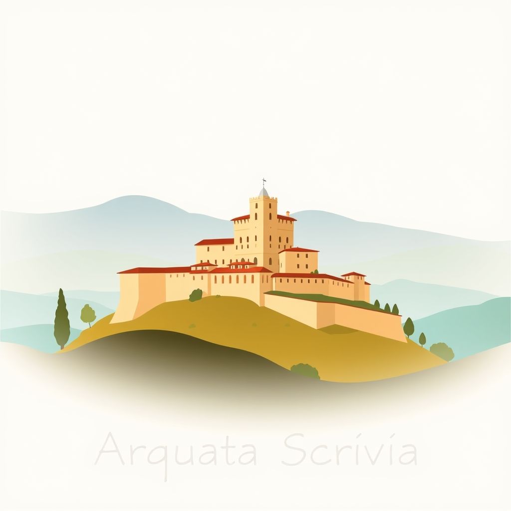 Gradient illustration of Arquata Scrivia featuring Castello di Precipiano, hills, and Agnolotti pasta.