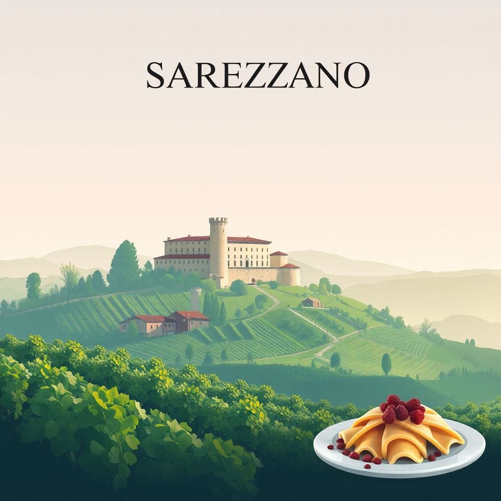 Ultra-high-definition gradient illustration of Sarezzano, featuring Castello di Sarezzano, vineyards, and Agnolotti del Plin.