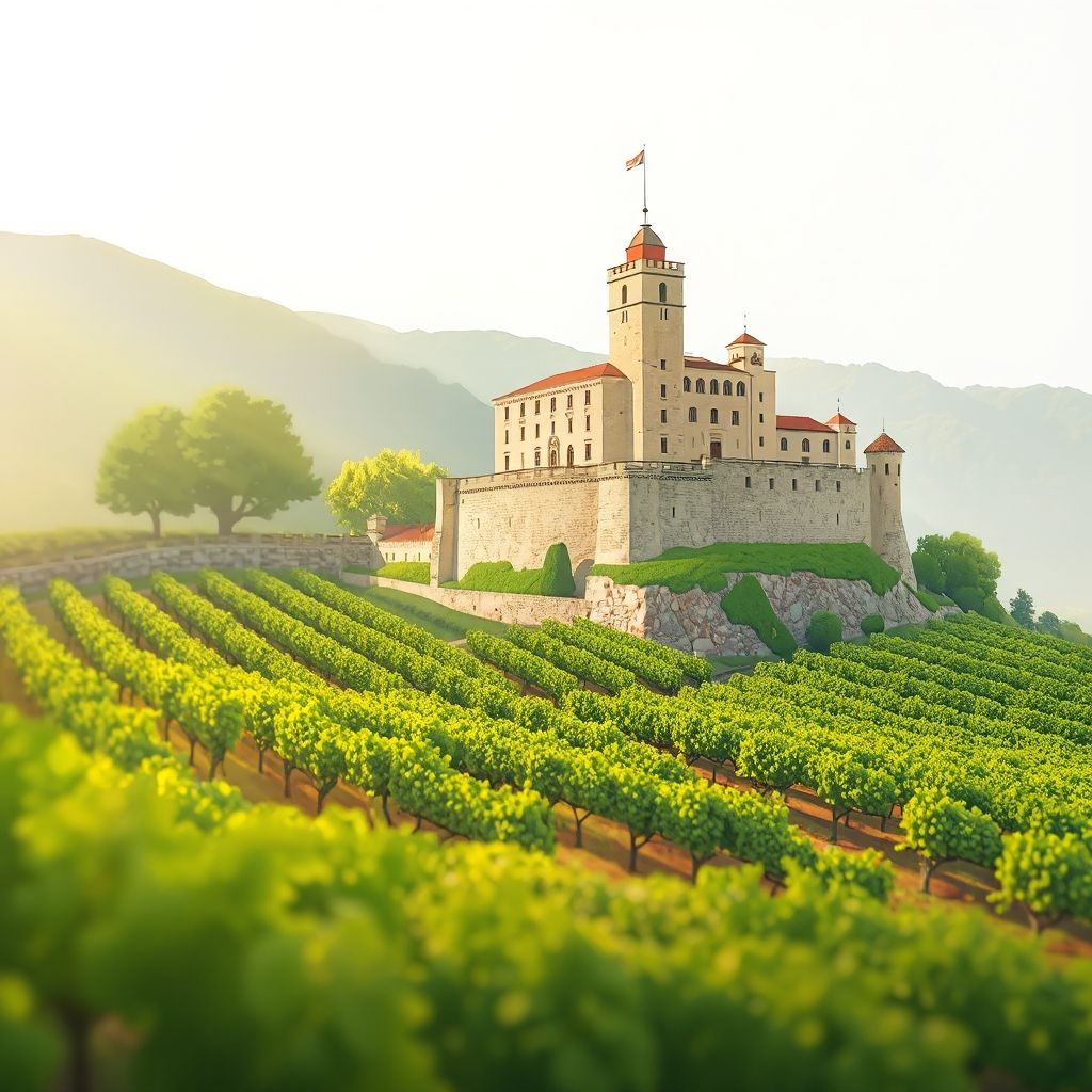 Ultra-high-definition gradient illustration of Castelnuovo Magra featuring Castelnuovo Magra Castle, vineyards, and Testaroli.