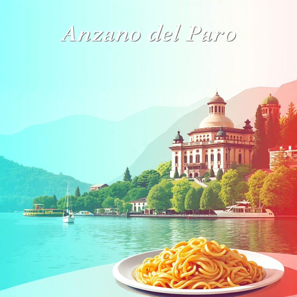 Ultra-high-definition gradient illustration of Anzano del Parco featuring Villa d'Este, Lake Como, and Risotto alla Milanese.
