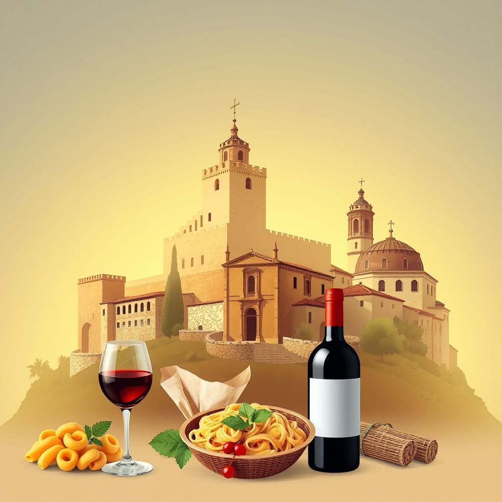 Ultra-high-definition gradient illustration of Guagnano featuring Castello di Guagnano, Chiesa Madre di San Giovanni Battista, orecchiette pasta, and Negroamaro wine.