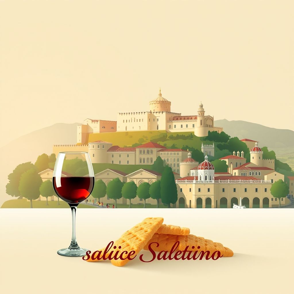 Ultra-high-definition gradient illustration of Salice Salentino, featuring Castello Monaci, historic center, Primitivo wine, and taralli crackers.