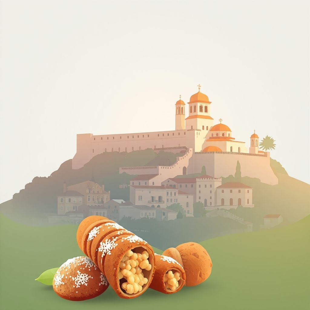 Ultra-high-definition gradient illustration of Ciminna, featuring the Castle of Ciminna, the Church of Santissimo Salvatore, cannoli, and arancini.