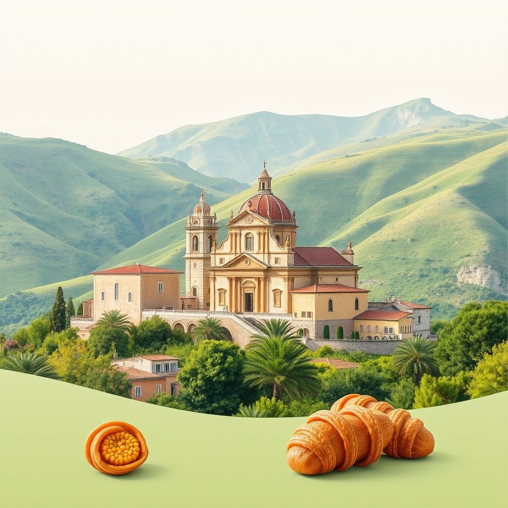 Ultra-high-definition gradient illustration of Buccheri featuring Chiesa Madre di San Giovanni Battista, Hyblaean Mountains, and Sicilian foods like arancini and cannoli.
