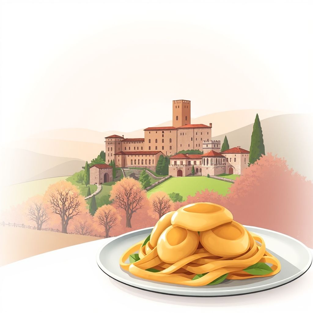 Gradient illustration of Casalgrasso, Italy, featuring Castello di Casalgrasso, Piedmont countryside, and agnolotti del plin.