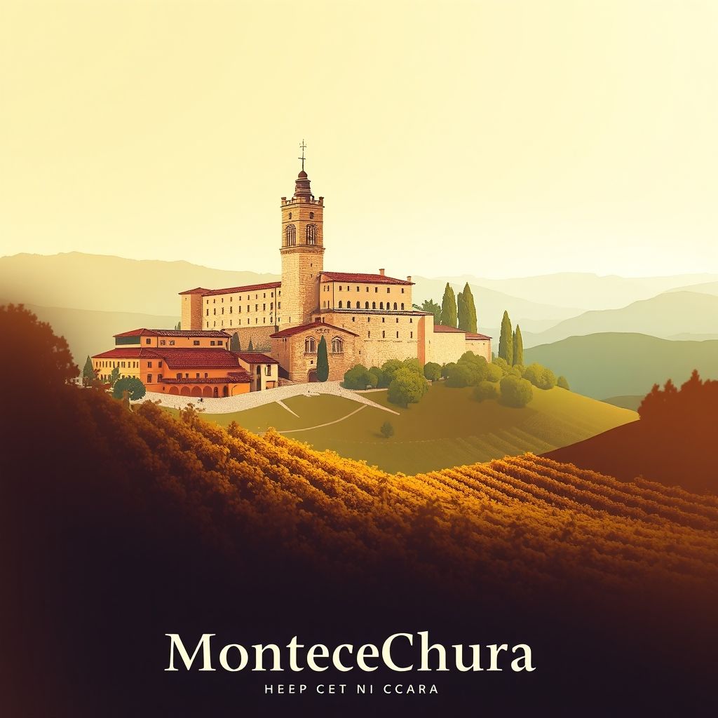 Ultra-high-definition gradient illustration of Montecchia di Crosara, featuring Castello di Soave, vineyards, and Lessini Durello wine.