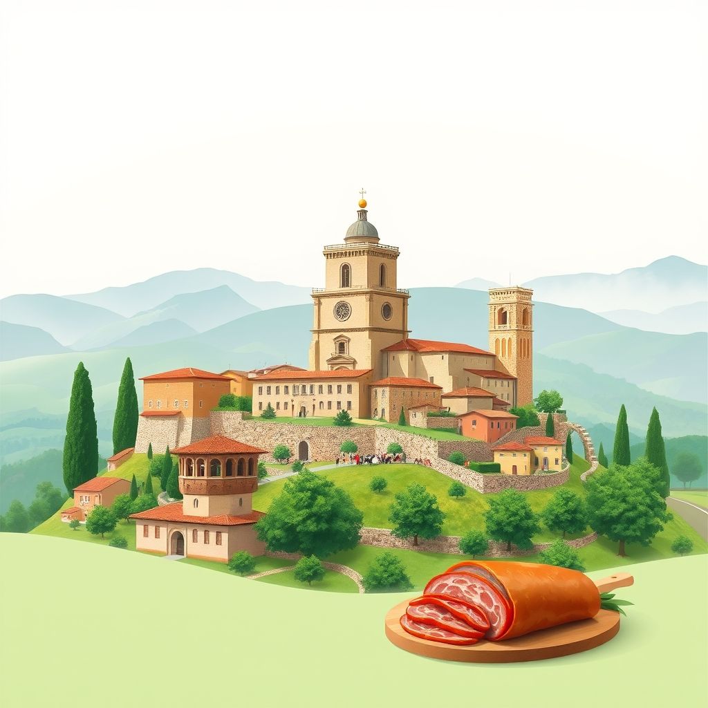 Ultra-high-definition gradient illustration of Poggio Catino, Italy, featuring the Church of San Giovanni Battista, lush landscapes, and local specialty porchetta.