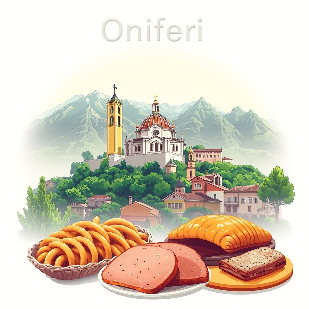 Ultra-high-definition gradient illustration of Oniferi, featuring the Church of San Michele, Supramonte mountains, and Sardinian culurgiones and porceddu.