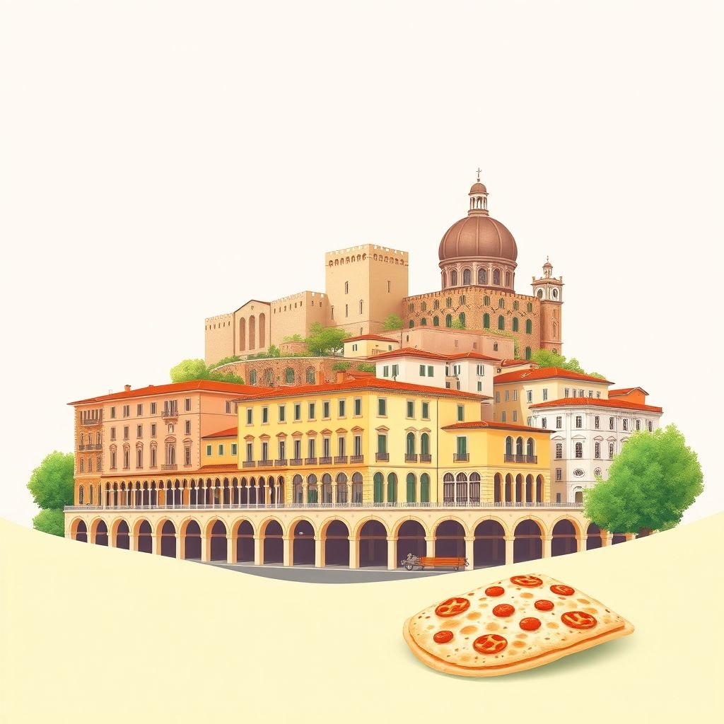 Ultra-high-definition gradient illustration of Lugo, featuring the Rocca Estense, Pavaglione, and piadina romagnola.