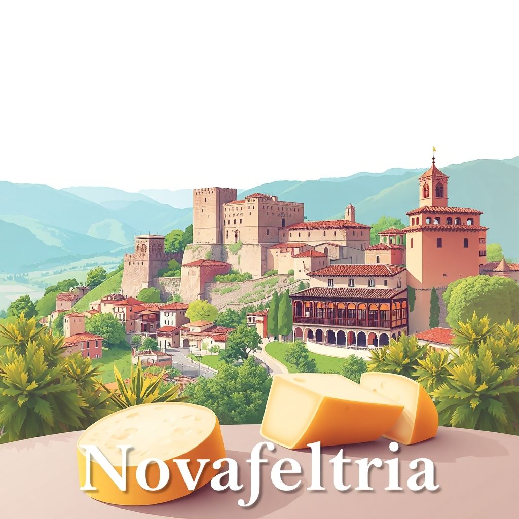 Ultra-high-definition gradient illustration of Novafeltria featuring Rocca di San Leo, historic center of San Leo, Marecchia Valley, piadina, and fossa cheese.