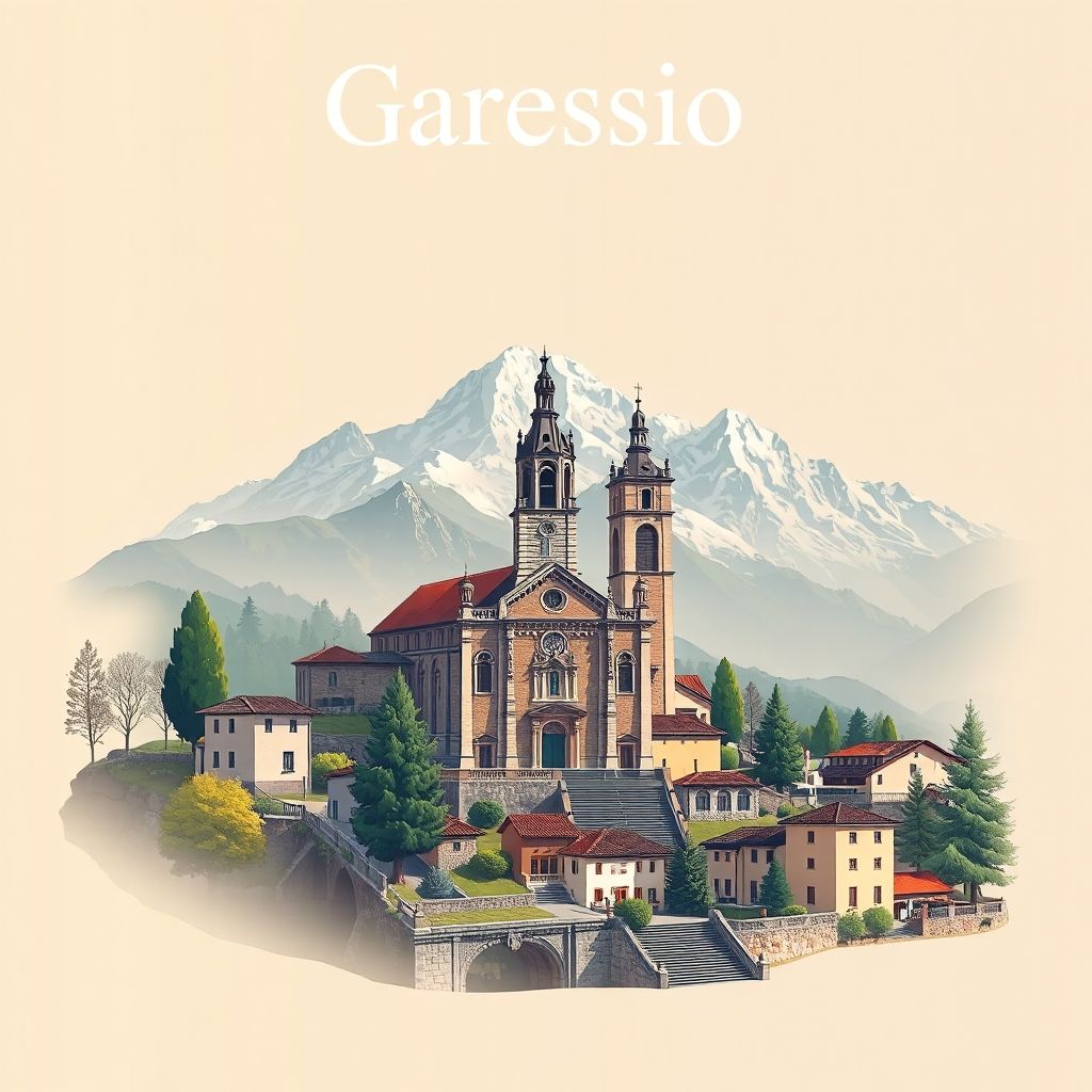 Ultra-high-definition gradient illustration of Garessio, featuring the Church of San Giovanni Battista, the Alps, and Castelmagno cheese.
