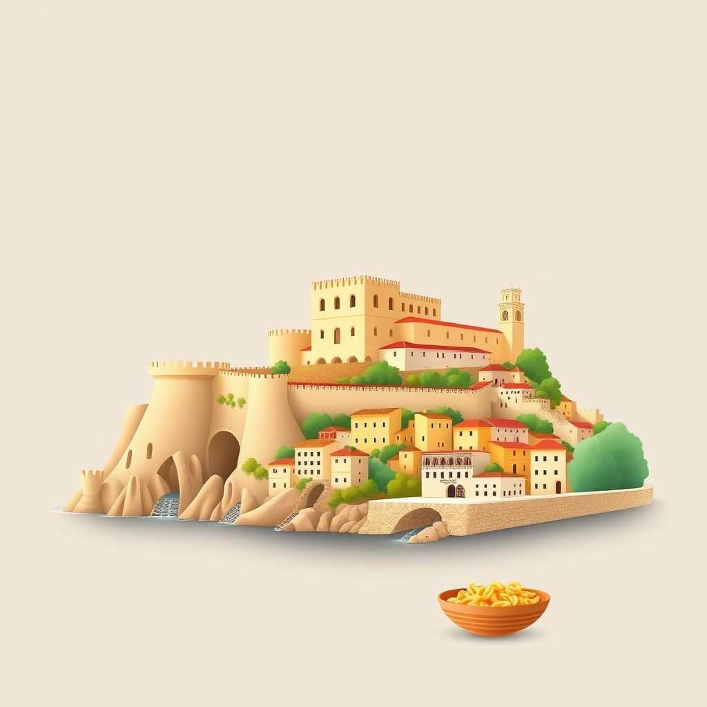 Ultra-high-definition gradient illustration of Montesano Salentino featuring Castello Aragonese, the Salento Peninsula coastline, and local foods like orecchiette pasta and taralli crackers.
