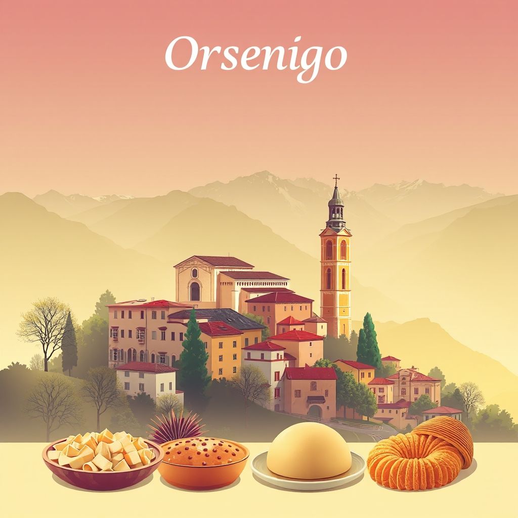 Ultra-high-definition gradient illustration of Orsenigo featuring the Church of San Rocco, mountain views, Polenta Uncia, and Missoltini.