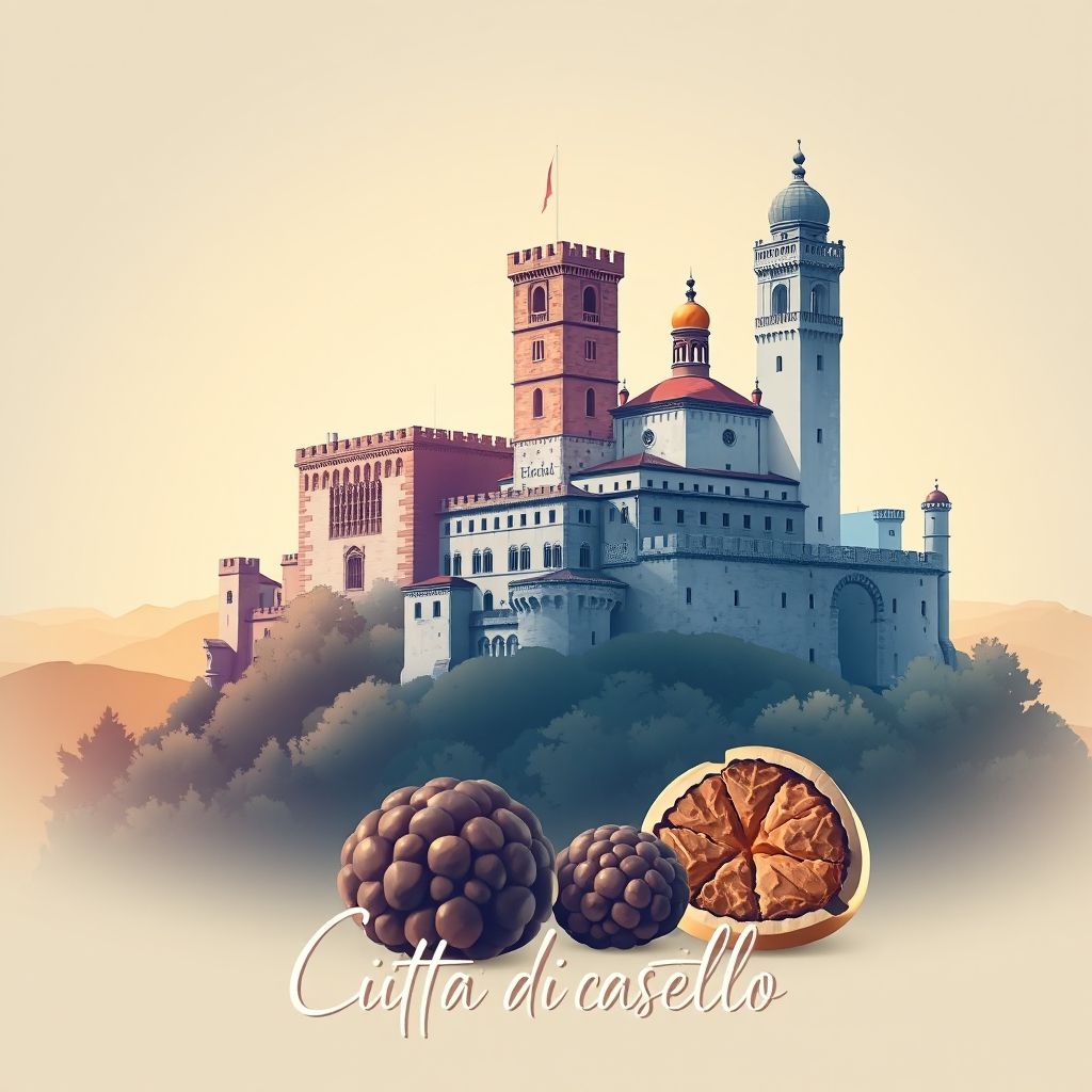 Ultra-high-definition gradient illustration of Città di Castello, featuring the Civic Tower, Palazzo Vitelli alla Cannoniera, and truffles.