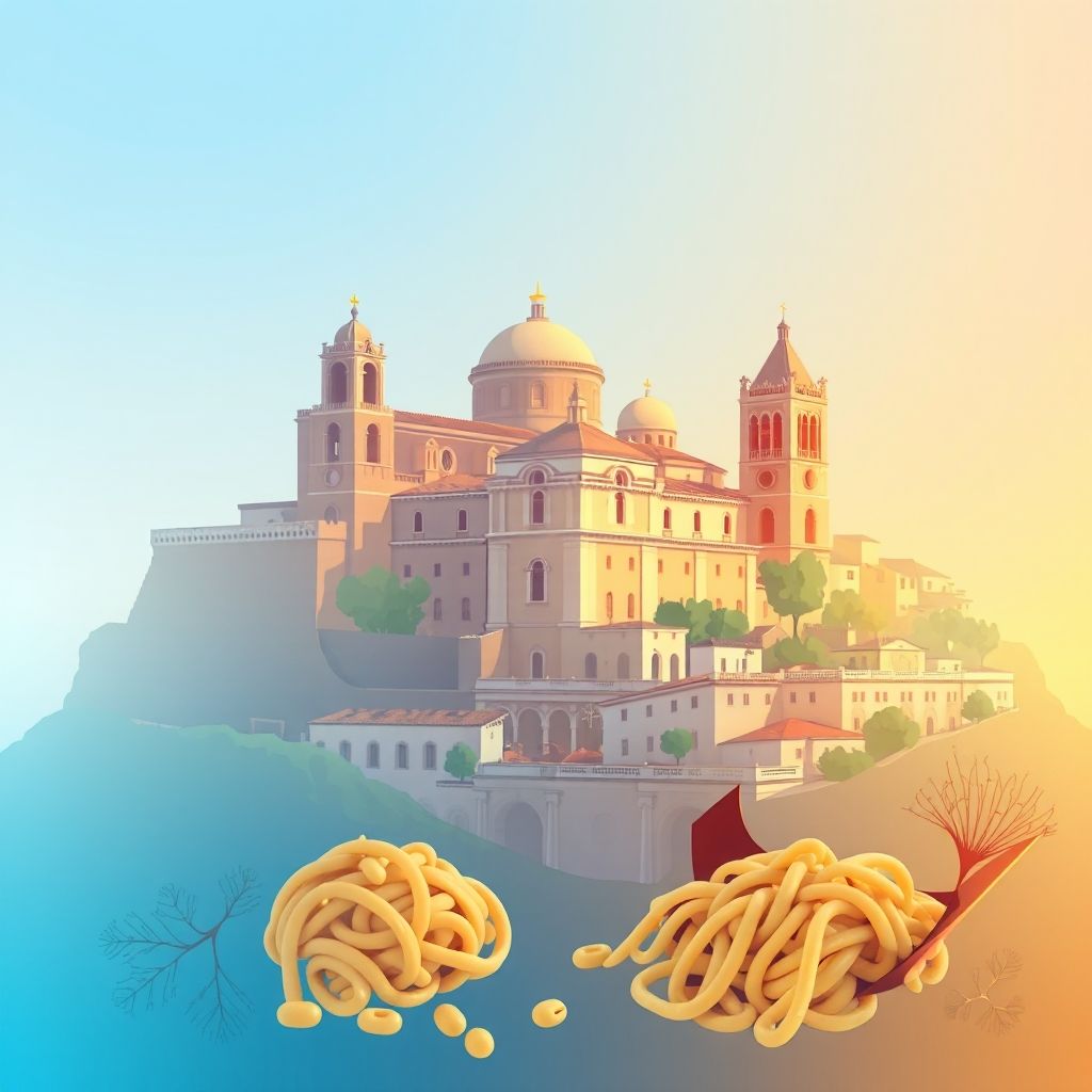 Ultra-high-definition gradient illustration of Modugno, featuring the Church of Santa Maria della Grotta, historic center, orecchiette pasta, and taralli.