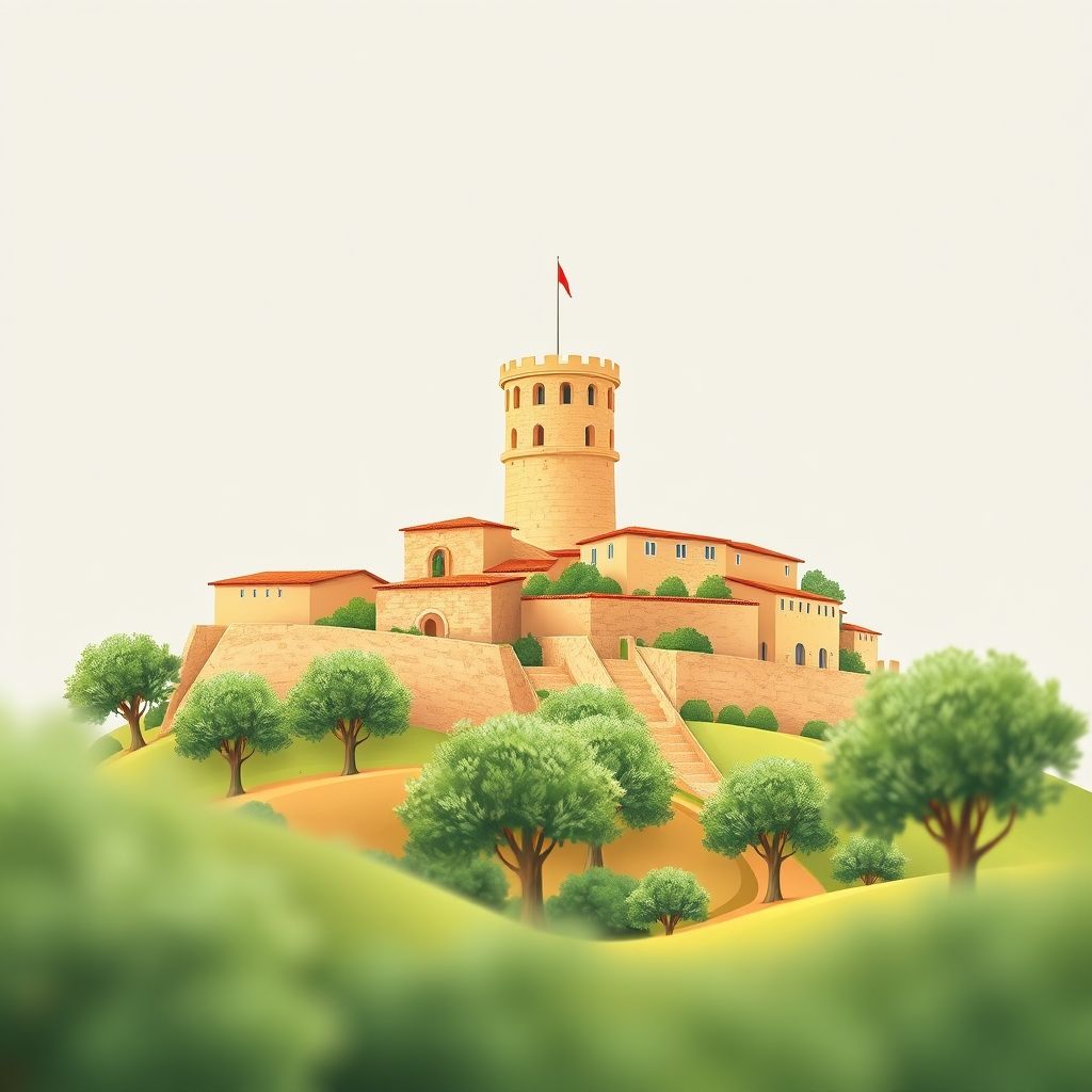 Ultra-high-definition gradient illustration of Carosino, Italy, featuring Torre Mattoni, olive groves, and Apulian specialties like orecchiette pasta and taralli.