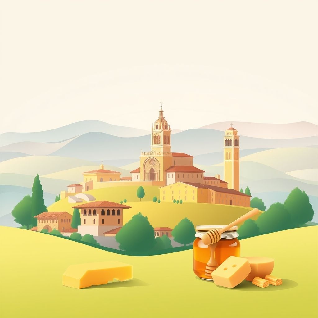 Ultra-high-definition gradient illustration of San Giovanni Ilarione featuring Chiesa di San Giovanni Battista, Lessinia hills, Monte Veronese cheese, and Lessinia honey.