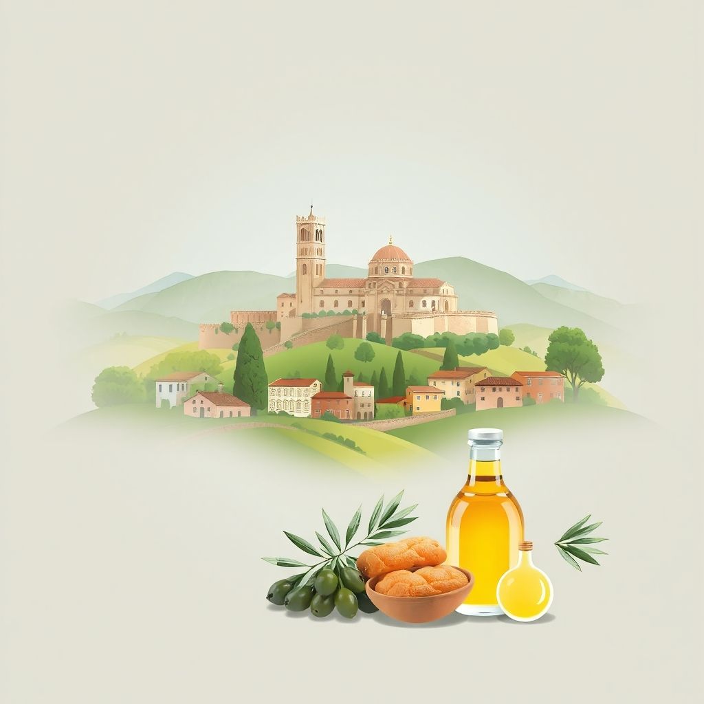 Ultra-high-definition gradient illustration of Montopoli di Sabina featuring the Abbey of Farfa, Sabine Hills, and olive oil, highlighting the region's unique charm.
